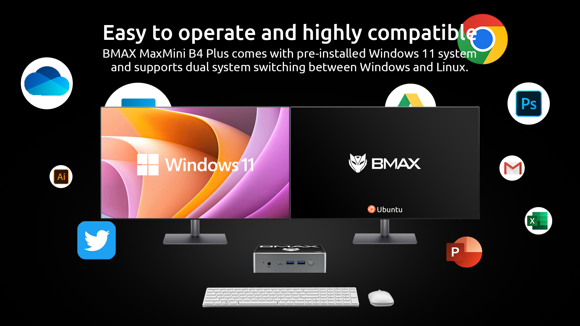 Bmax B4 Plus Mini PC 12th Gen Intel N100(up to 3.4GHz) 16G DDR4/512GB SSD  W-11 Pro Ubuntu Linux Mini Desktop Computer WiFi5 4K/60Hz Triple-Display
